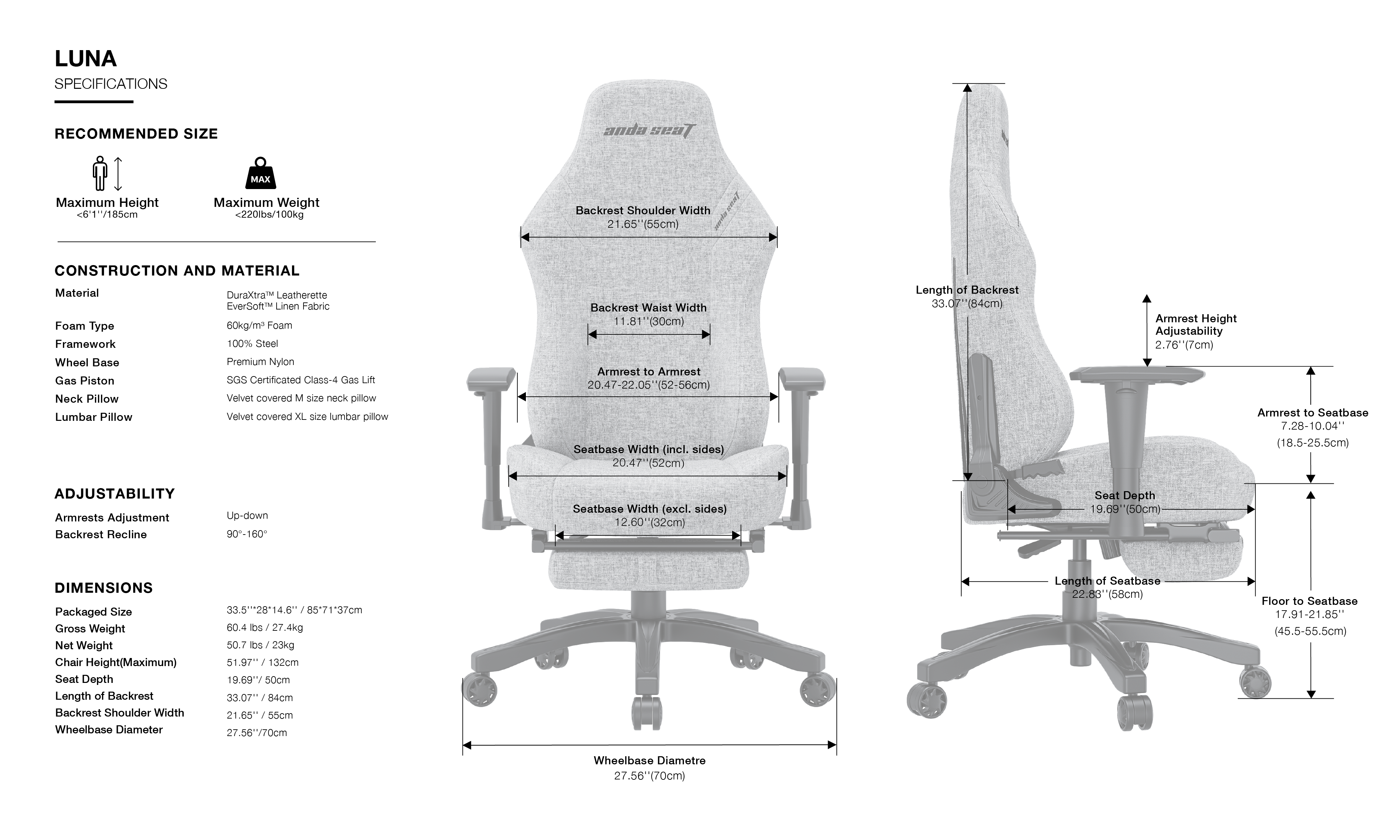 Andaseat Luna Pro with Footrest, Large Gaming Chair, Fabric