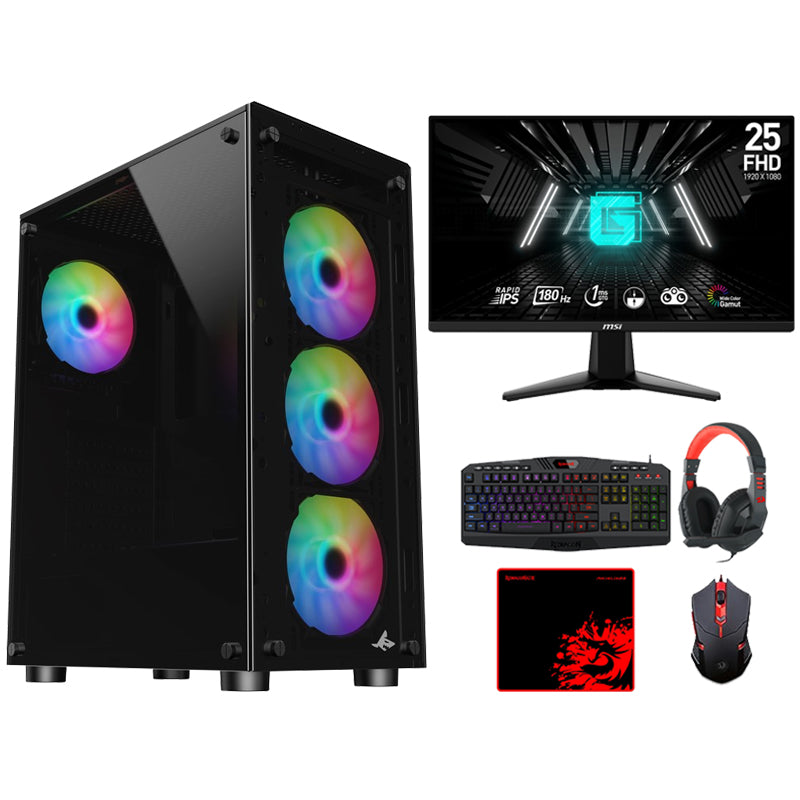 كومبيوتر الألعاب اي 5, معالج i5-12400F, كارت شاشة GTX 1650, ويندوز 11 برو, مع ام اس اي شاشة 27 بوصة فل اتش دي, 180 هرتز, مع مجموعة الألعاب 4 في 1