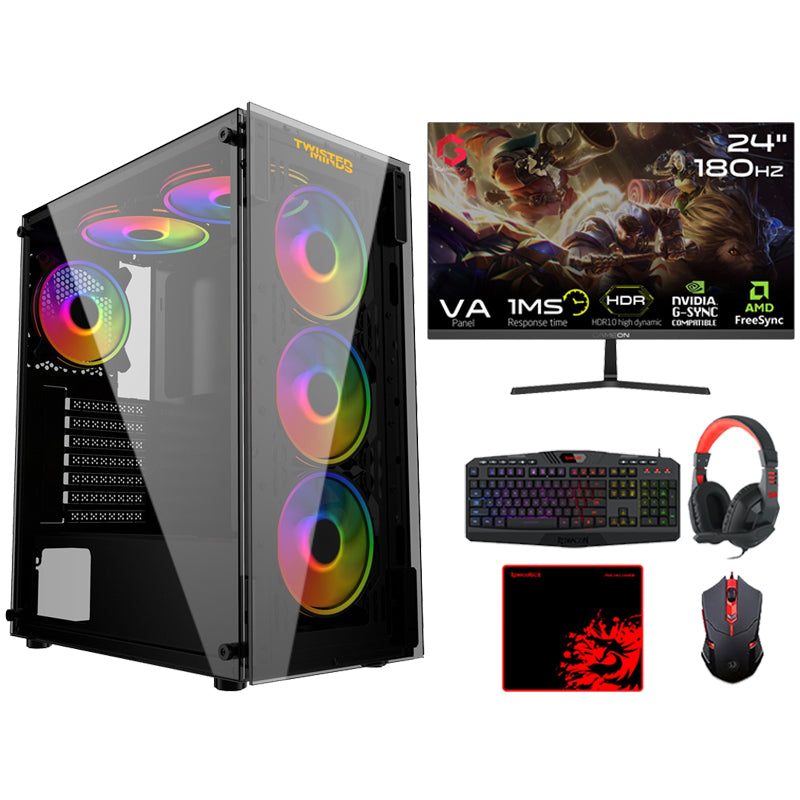 كومبيوتر الألعاب اي 5, معالج i5-10400F, كارت شاشة GTX 1650 4GB, ويندوز 11 برو, مع جيم اون شاشة 24 بوصة فل اتش دي, 180 هرتز, مع مجموعة الألعاب 4 في 1