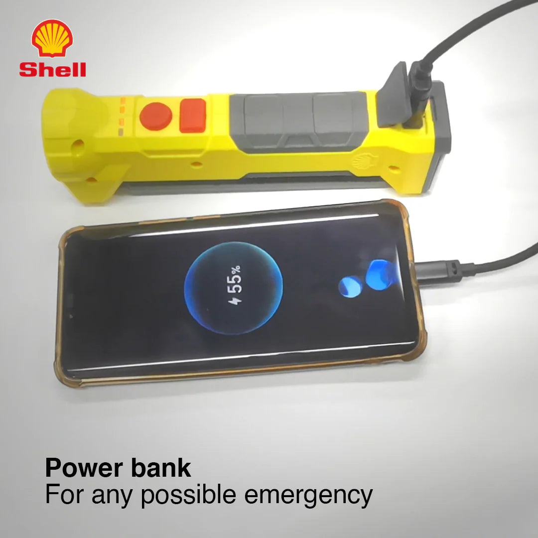 Shell SF126 LED Rechargeable Work Light/Flashlight with 5000mAh Power Bank, 8 Light Modes, Swivel COB Work Light Head, Strong Magnetic Base and Hanging Hook, USB-C Rechargeable, IP65 Water Resistant