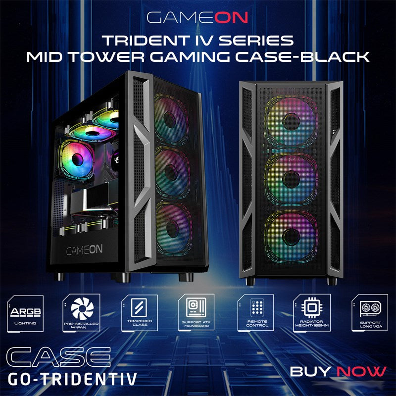 GAMEON TRIDENT IV ARGB ATX Mid Tower Gaming PC Case - Black (4 ARGB Fans Included)