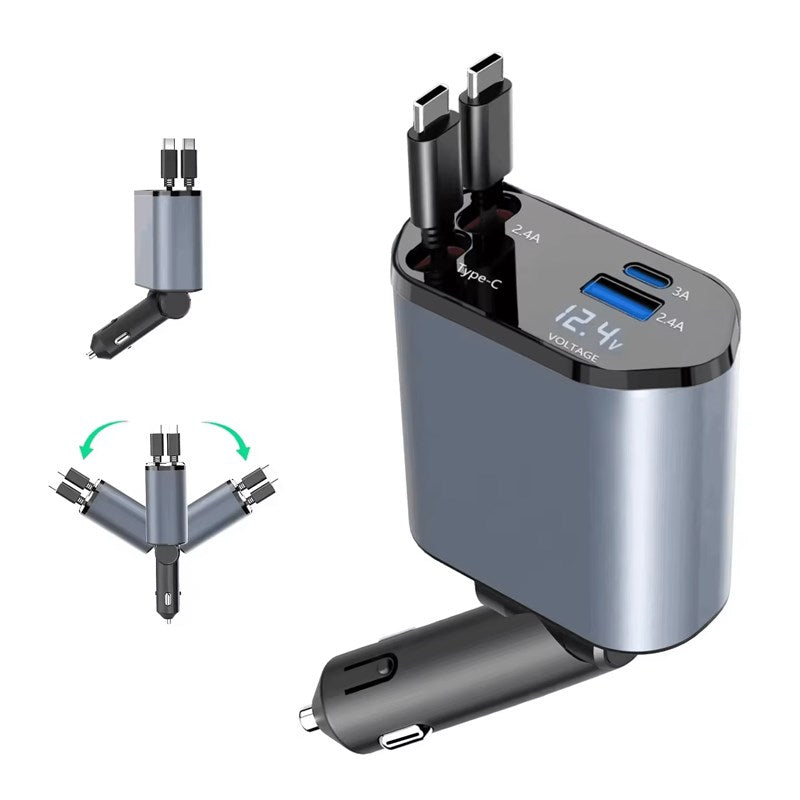 4 In 1 Retractable Car Charger With LED Display, USB & Type-C Ports - Grey