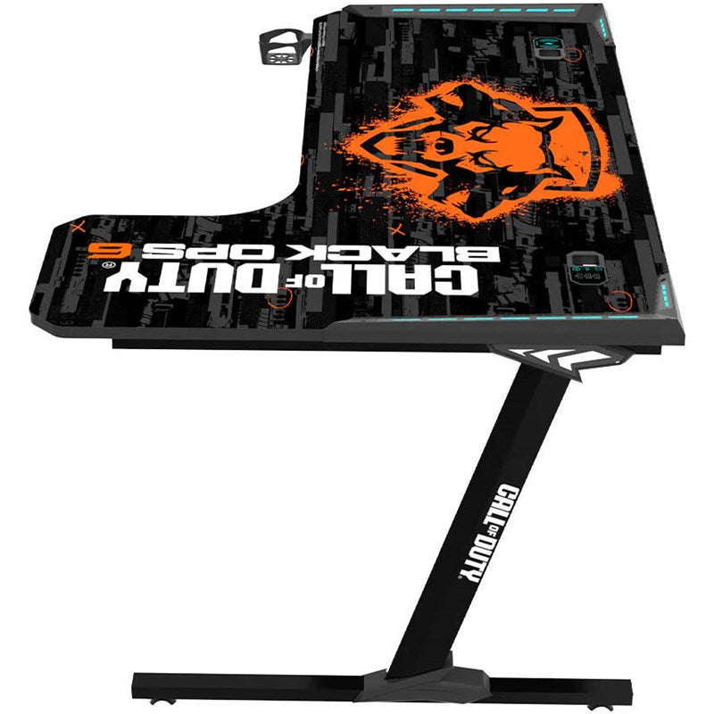 Call of Duty Flowing Light Gaming Desk With Full Table Mouse Pad, Wireless Charger, USB Splitter, Headphone Hook, Cup Holder