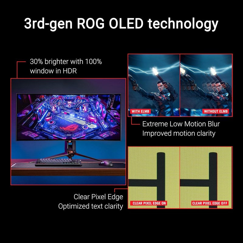 اسوس شاشة الألعاب المنحنية روج سويفت PG39WCDM بحجم 39 بوصة بتقنية WQHD OLED، بمعدل تحديث 240 هرتز، وقت استجابة 0.03 مللي ثانية ومنفذ HDMI 2.1, ايه ام دي فري سينك بريميوم برو , جي سينك