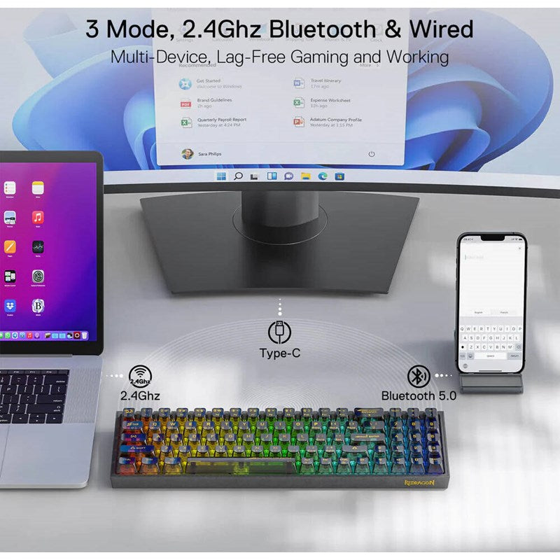 Redragon K628CT Pollux Pro RGB 75%, USB-C Wired, BT, 2.4 GHz Wireless Gaming Keyboard - Translucent Crystal Switch