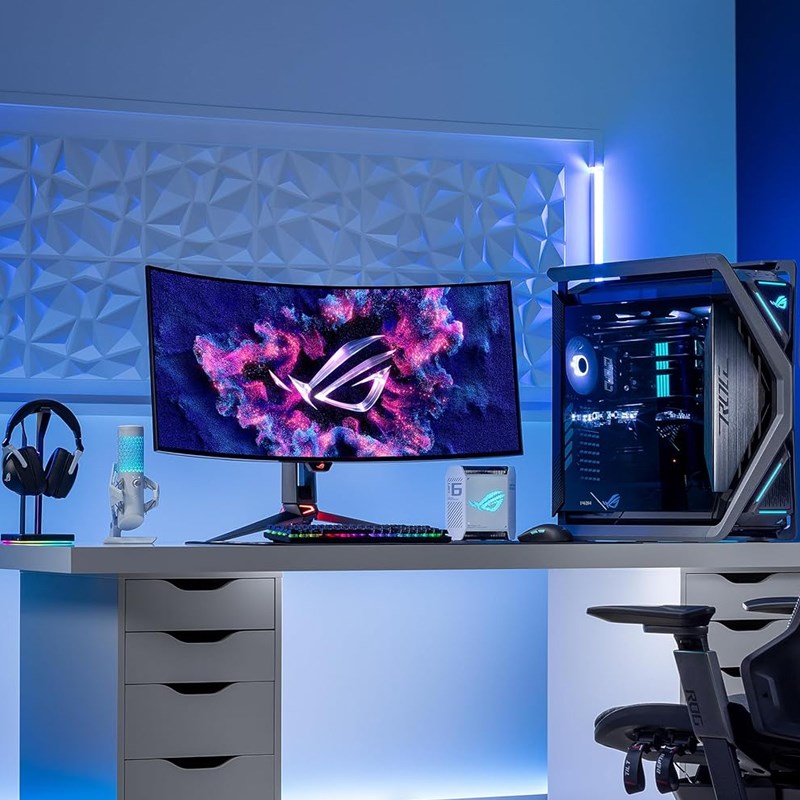 اسوس شاشة الألعاب المنحنية روج سويفت PG39WCDM بحجم 39 بوصة بتقنية WQHD OLED، بمعدل تحديث 240 هرتز، وقت استجابة 0.03 مللي ثانية ومنفذ HDMI 2.1, ايه ام دي فري سينك بريميوم برو , جي سينك