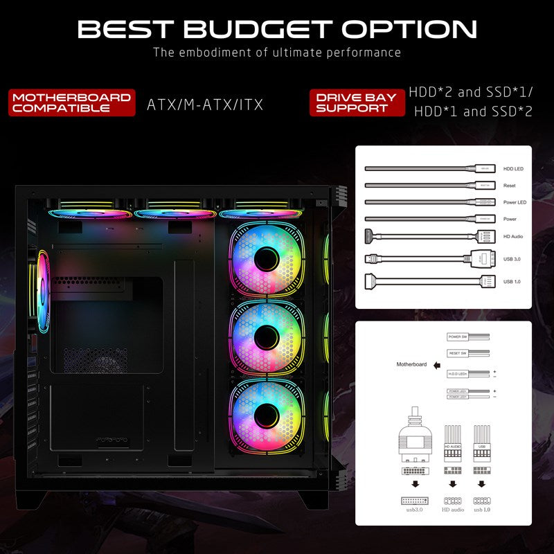 GAMEON PULSE Series ARGB ATX Mid Tower Gaming PC Case - Black (7 ARGB Fans Included)