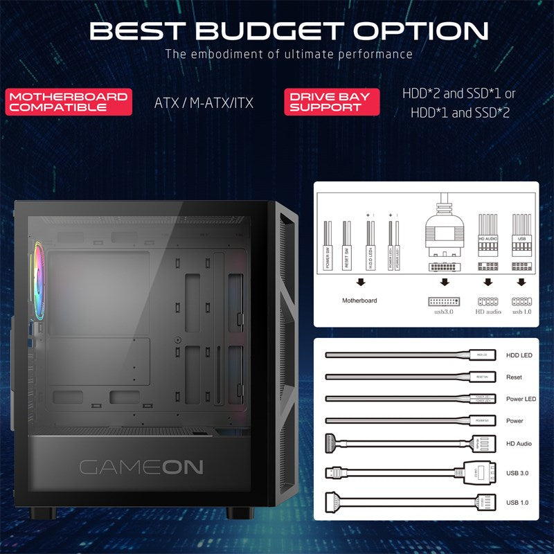 GAMEON TRIDENT IV ARGB ATX Mid Tower Gaming PC Case - Black (4 ARGB Fans Included)