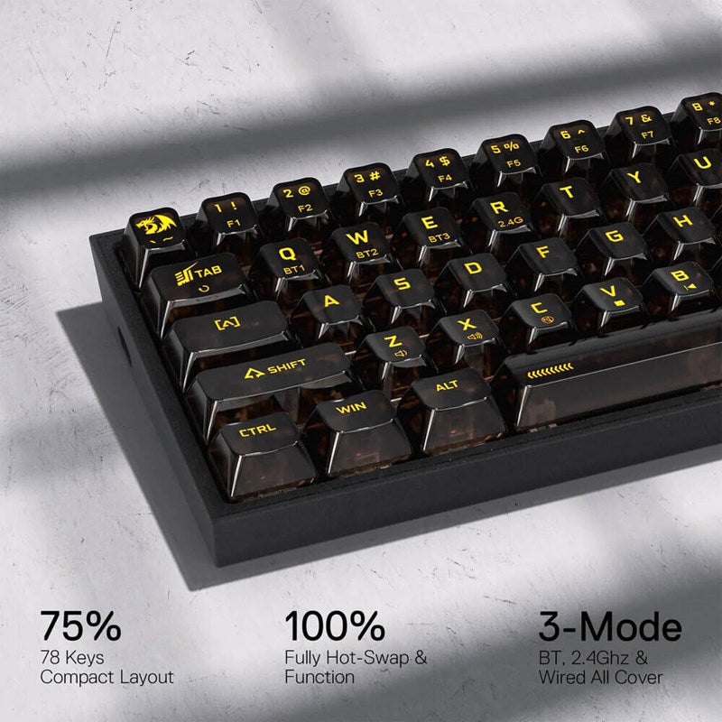 Redragon K628CT Pollux Pro RGB 75%, USB-C Wired, BT, 2.4 GHz Wireless Gaming Keyboard - Translucent Crystal Switch