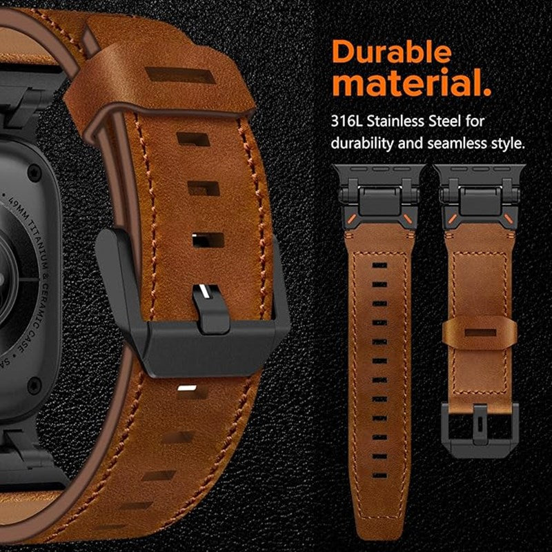 KADES Genuine Leather Band Strap with Titanium Connectors for Apple Watch 49mm, 45mm, 44mm & 42mm