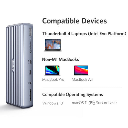 Anker 777 Thunderbolt Docking Station (Apex, 12-in-1, Thunderbolt 4), Max 90 Watts Charging for Laptop, 20 Watts Power Delivery, Single 8K, Triple 4K Display, 10Gbps Data, Ethernet, Audio, SD