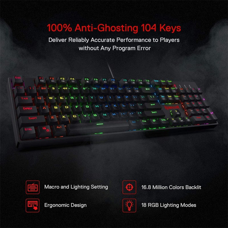 ريدراجون لوحة مفاتيح العاب K582 ميكانيكية مع 104 مفاتيح - باللون الأحمر RGB – أسود