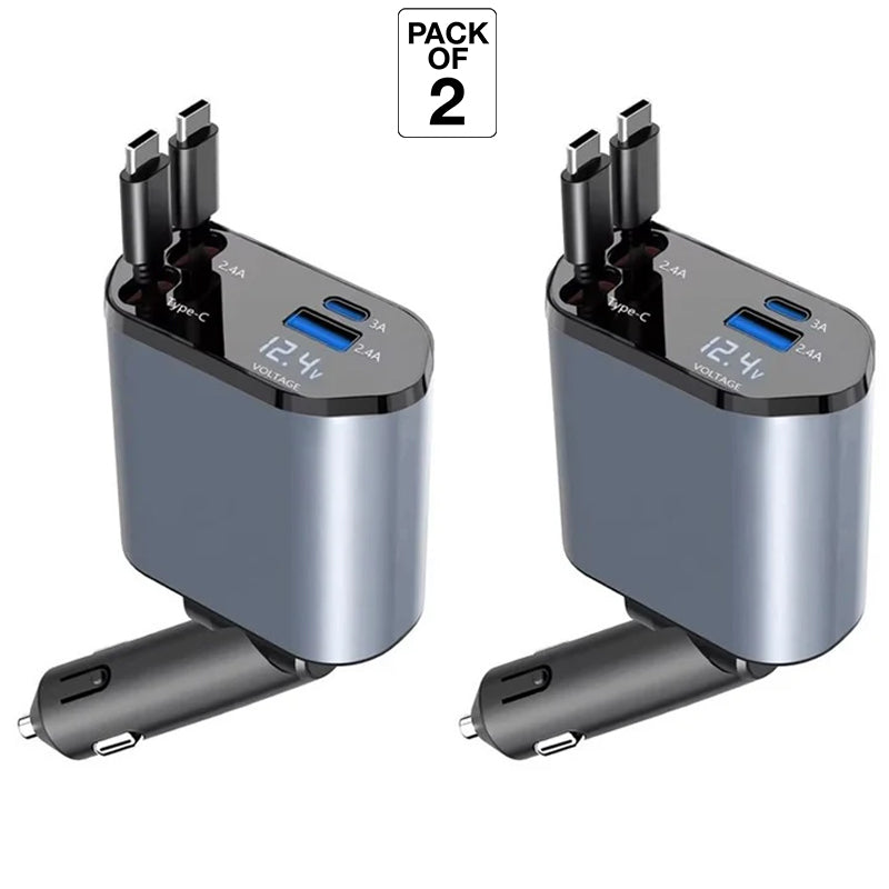 4 In 1 Retractable Car Charger With LED Display, USB & Type-C Ports - Grey, (Pack of 2)