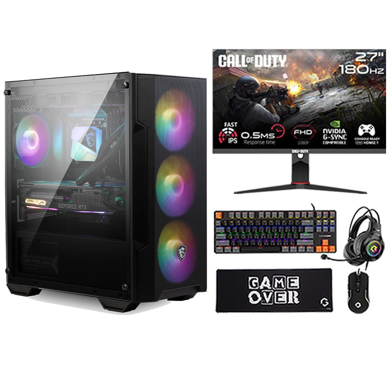 مجموعة كومبيوتر الالعاب اي 5, معالج i5-14400F, كارت شاشة RTX 3070 Ti 8GB, ويندوز 11 برو, مع جيم اون شاشة 27 بوصة فل اتش دي, 180 هرتز, مع مجموعة الالعاب 4 في 1