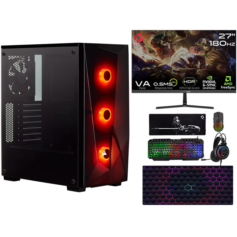 مجموعة كومبيوتر الالعاب اي 5, معالج i5-14400F, كارت شاشة RTX 3050 8GB, ويندوز 11 برو, مع تويستد مايندز شاشة 27 بوصة, فل اتش دي, 180 هرتز, مع مجموعة الالعاب 4 في 1