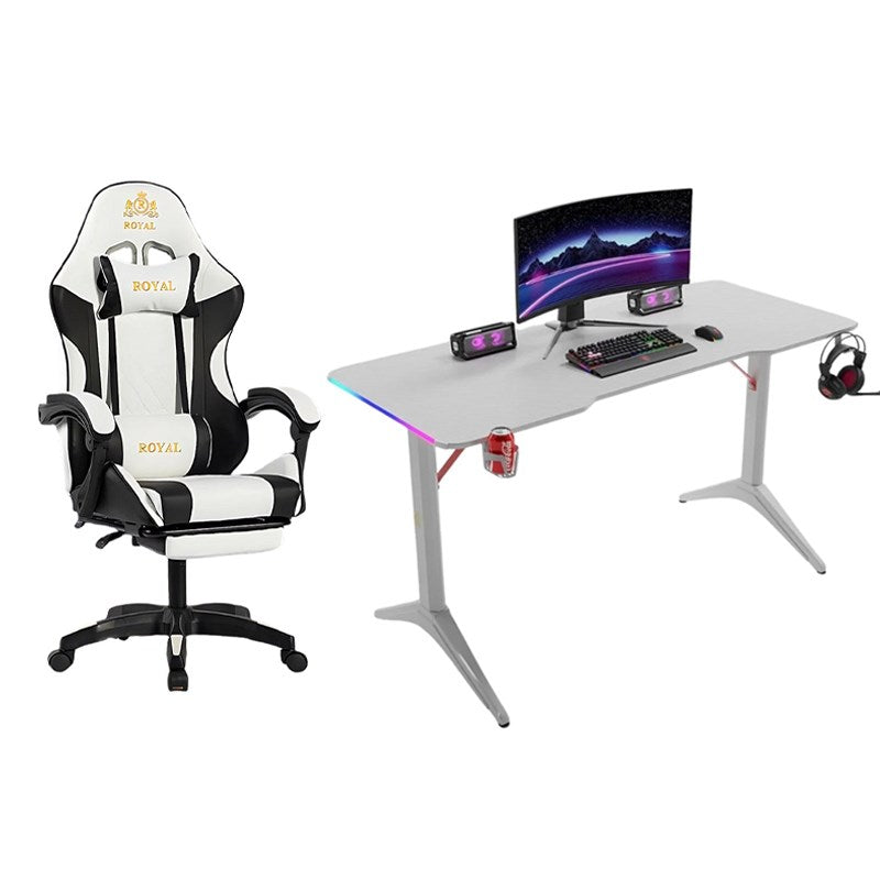 Royal Ergonomic Design Gaming Chair with Footrest - White + Royal RGB Lighting Gaming Desk with Carbon Fiber Surface - White