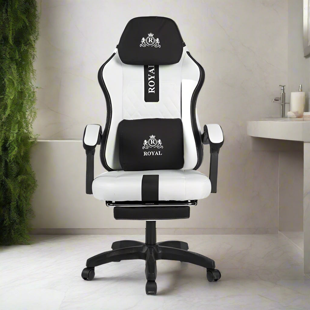 Royal Gaming Chair with Footrest Leather - White