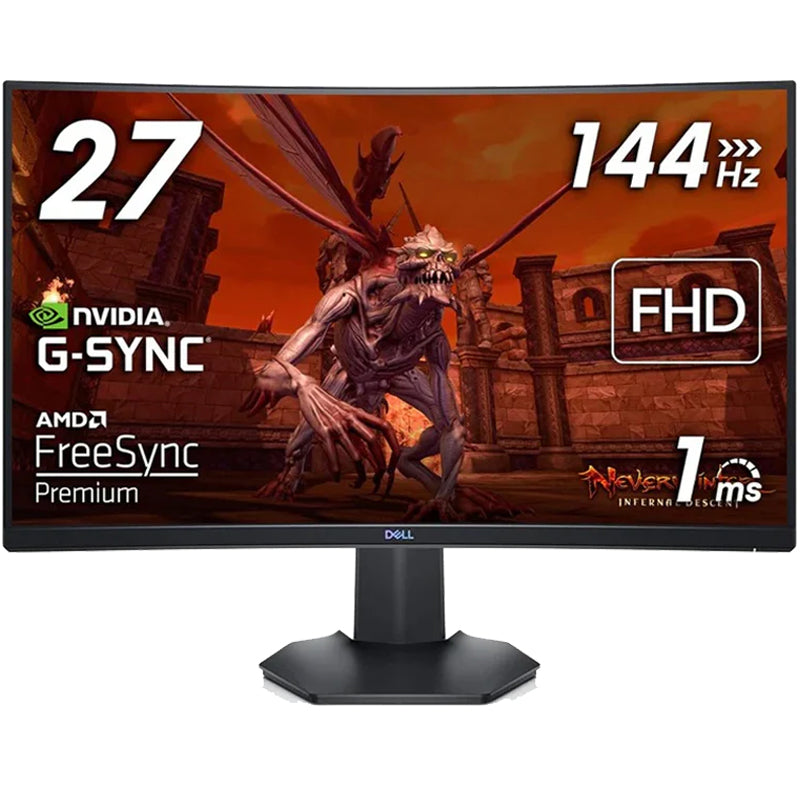 ديل شاشة الألعاب المنحنية S2721HGFA مقاس 27 بوصة بدقة FHD VA، وتردد 144 هرتز، وزمن استجابة 1 مللي ثانية، تقنية ايه ام دي فري سينك بريميوم, نيفيديا جي سينك - أسود