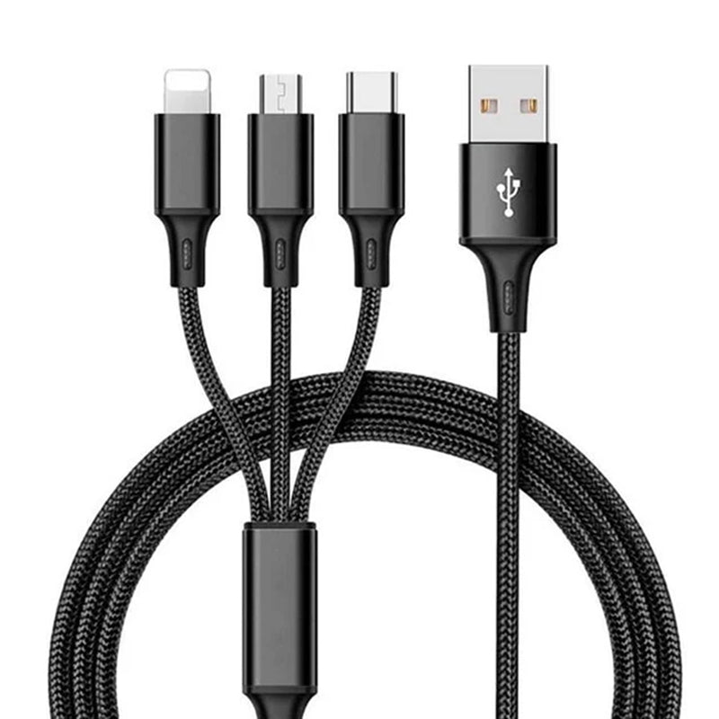3 in 1 Cable For Micro, Lightning and Type-C Devices 1.2 M - Black