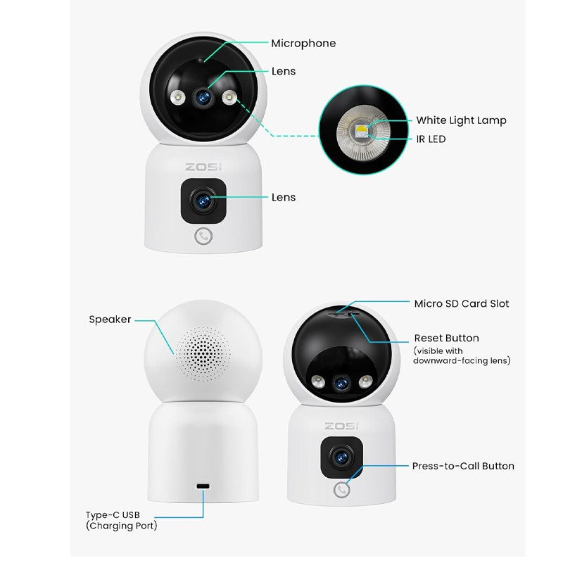 Zosi Indoor PT Camera with Dual Lens 2 MP+2 MP