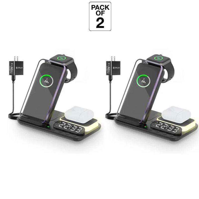 3 in 1, 15 W Wireless Charging Stand, Station For Multiple Devices with Night Light and Alarm Clock - Black, (Pack of 2)