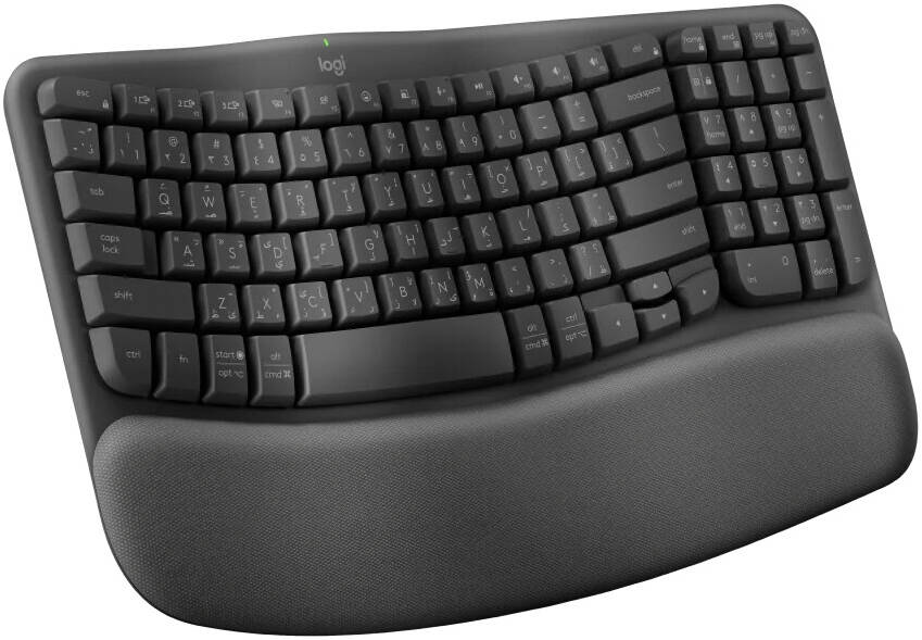 Logitech Wave Keys Wireless Ergonomic Keyboard with Cushioned Palm Rest, Comfortable Natural Typing,  Bluetooth, Logi Bolt Receiver, for Multi-OS, Windows/Mac, English/Arabic Layout - Graphite