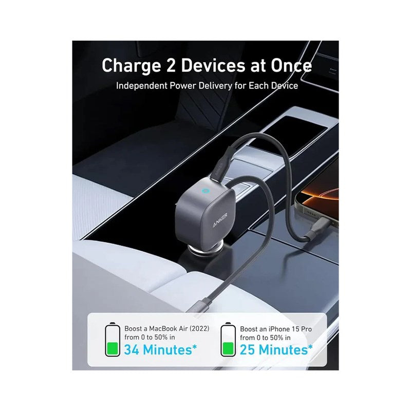 Anker Nano Car Charger (75 W, USB-C Port, Built-in Retractable USB-C Cable) - Silver