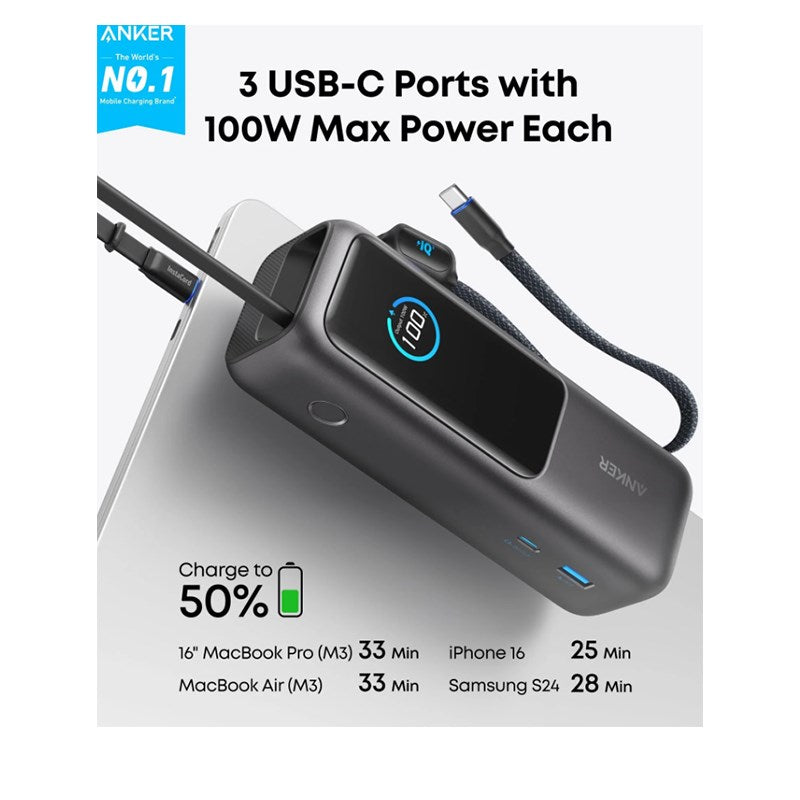 Anker 25,000mAh Power Bank with Triple 100 W USB-C Ports for Multi-Device Charging, Built-in and Retractable Cables - Black