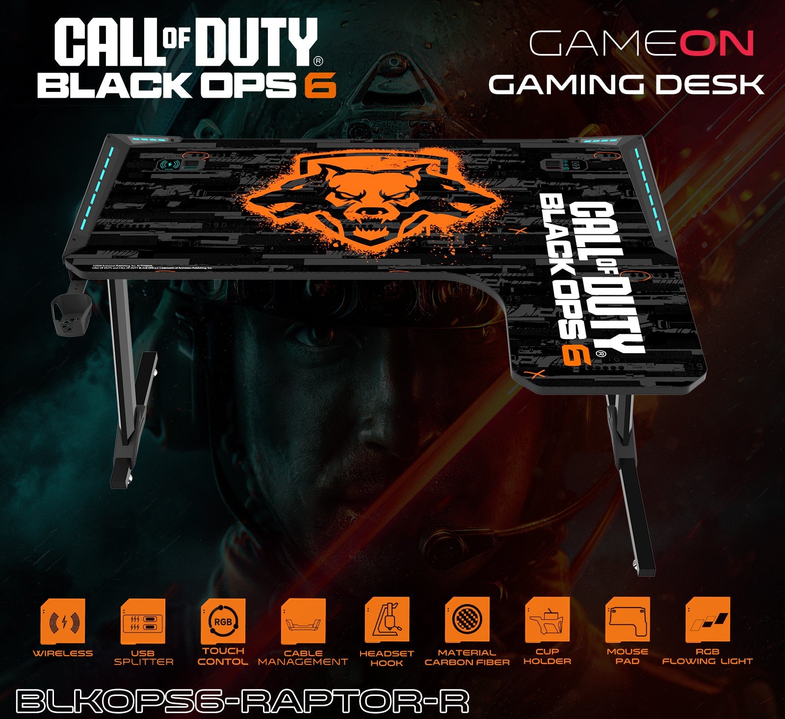 Call of Duty Flowing Light Gaming Desk With Full Table Mouse Pad, Wireless Charger, USB Splitter, Headphone Hook, Cup Holder