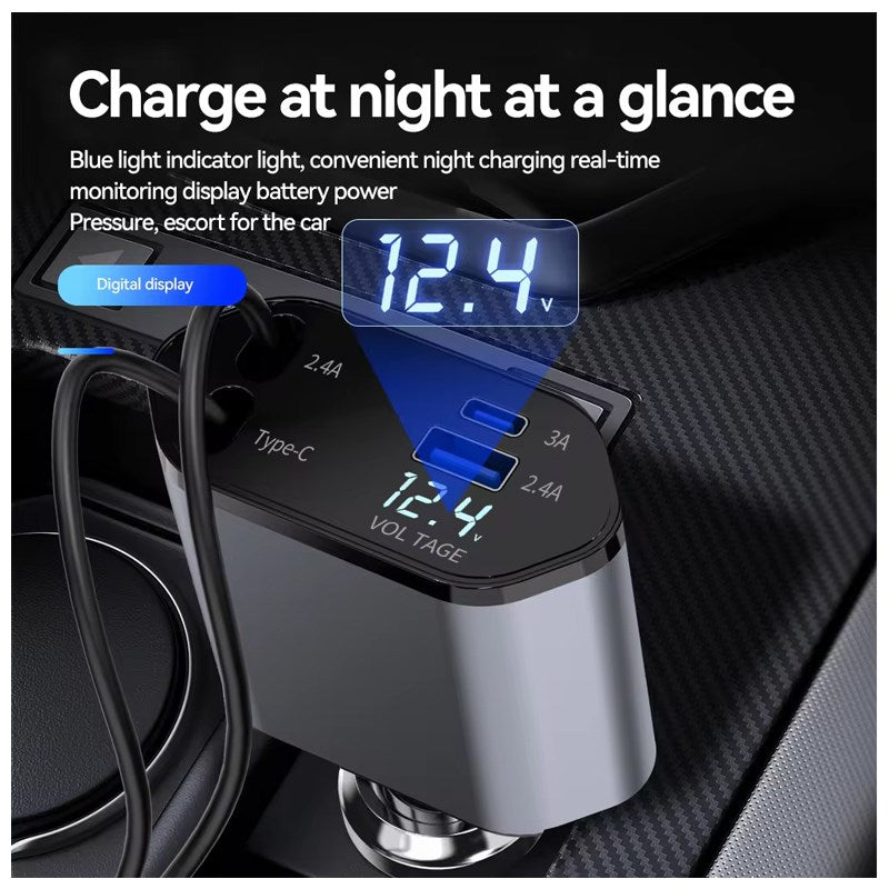 4 In 1 Retractable Car Charger With LED Display, USB & Type-C Ports - Grey