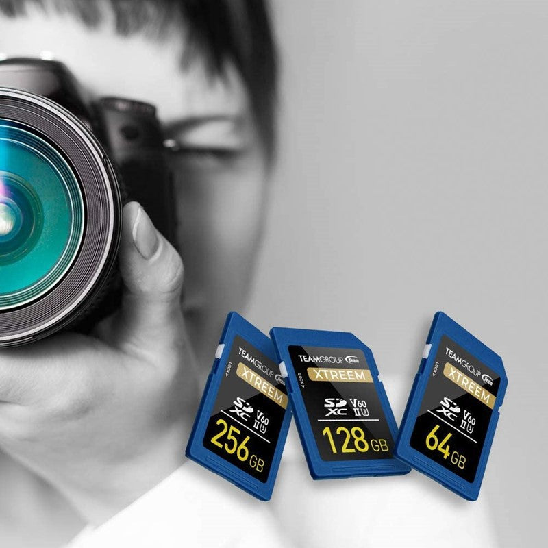 Teamgroup T-Force Xtreem 256GB SDXC UHS-II U3 V60 Memory Card for 8K UHD Video Recording and Photo Shooting, Up to 250Mb/s Speed, 3 Years Warranty