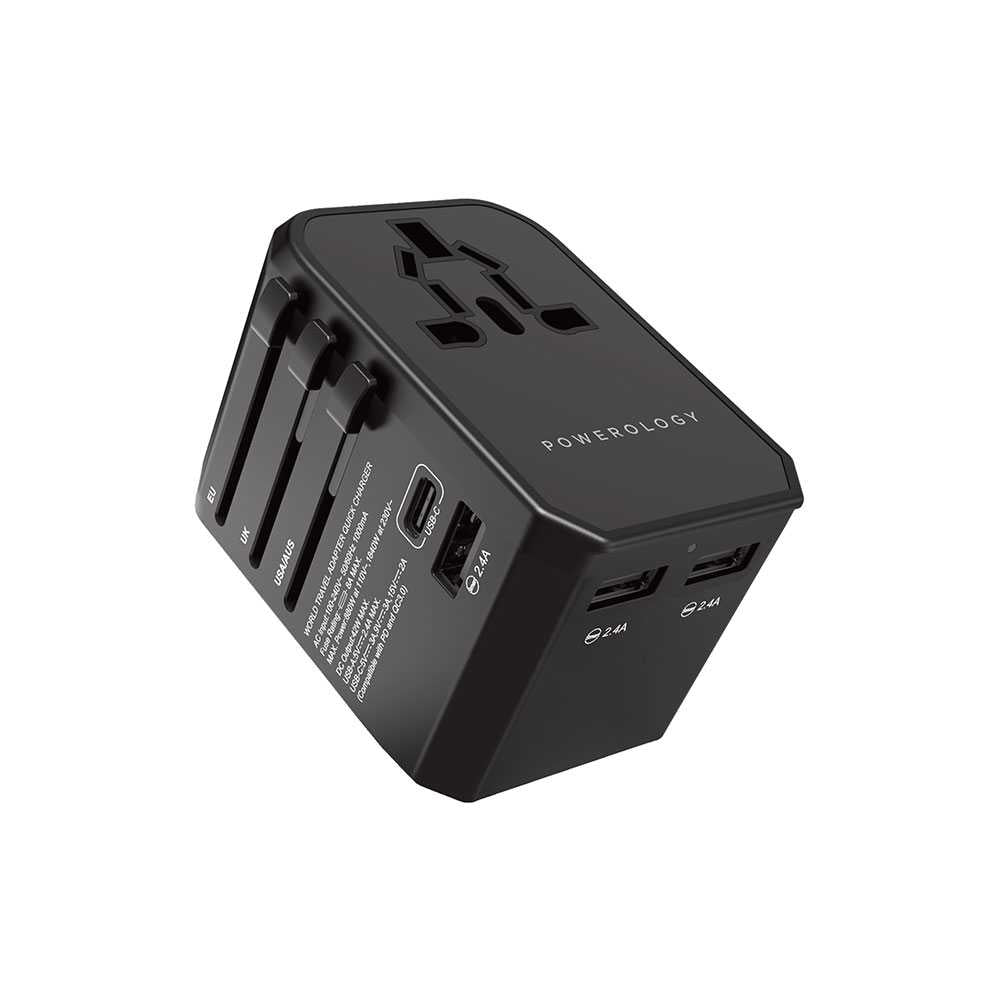 Powerology PD 45W Fast Charge + 2A USB Dual Output Universal Travel Adapter With 3 USB Ports - Black