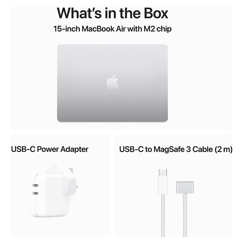 أبل , ماك بوك اير ام تو , شاشه مقاس 15 بوصه Retina, معالج(Apple M2), رام 8 جيجا , سعه 256 جيجا اس اس دى ,8-core CPU, 10-core GPU, لوحه ماتيح انجليزيه ,تاتش