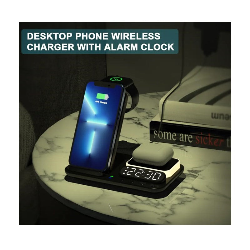 3 in 1, 15 W Wireless Charging Stand, Station For Multiple Devices with Night Light and Alarm Clock - Black, (Pack of 2)