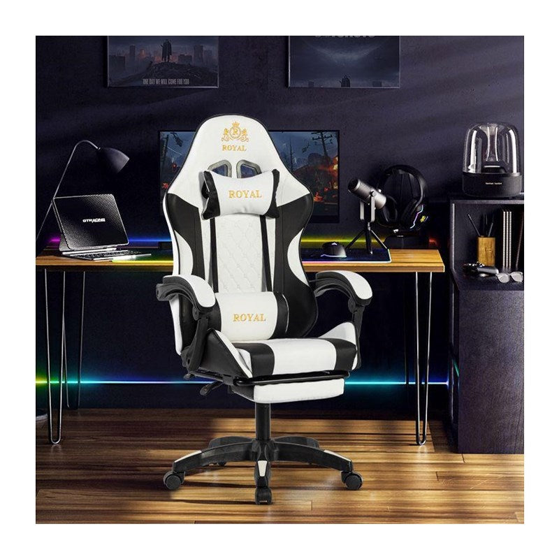 Royal Ergonomic Design Gaming Chair with Footrest - White + Royal RGB Lighting Gaming Desk with Carbon Fiber Surface - White