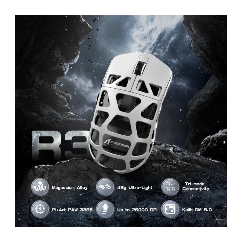 ATTACK SHARK R3 Magnesium Alloy Gaming Mouse 8K Wireless, 46g Magnesium Alloy SUPERLIGHT Gaming Mouse,  PAW3395 Sensor, BT/2.4G Wireless/Wired