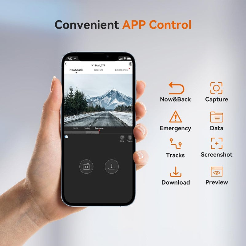 DDPAI N1 Dual Channel Car Dash Camera, 1296p+1080p, F1.8 with NightVIS 5G Lens, 260° Coverage, G-Sensor, Wi-Fi, Super-Capacitor