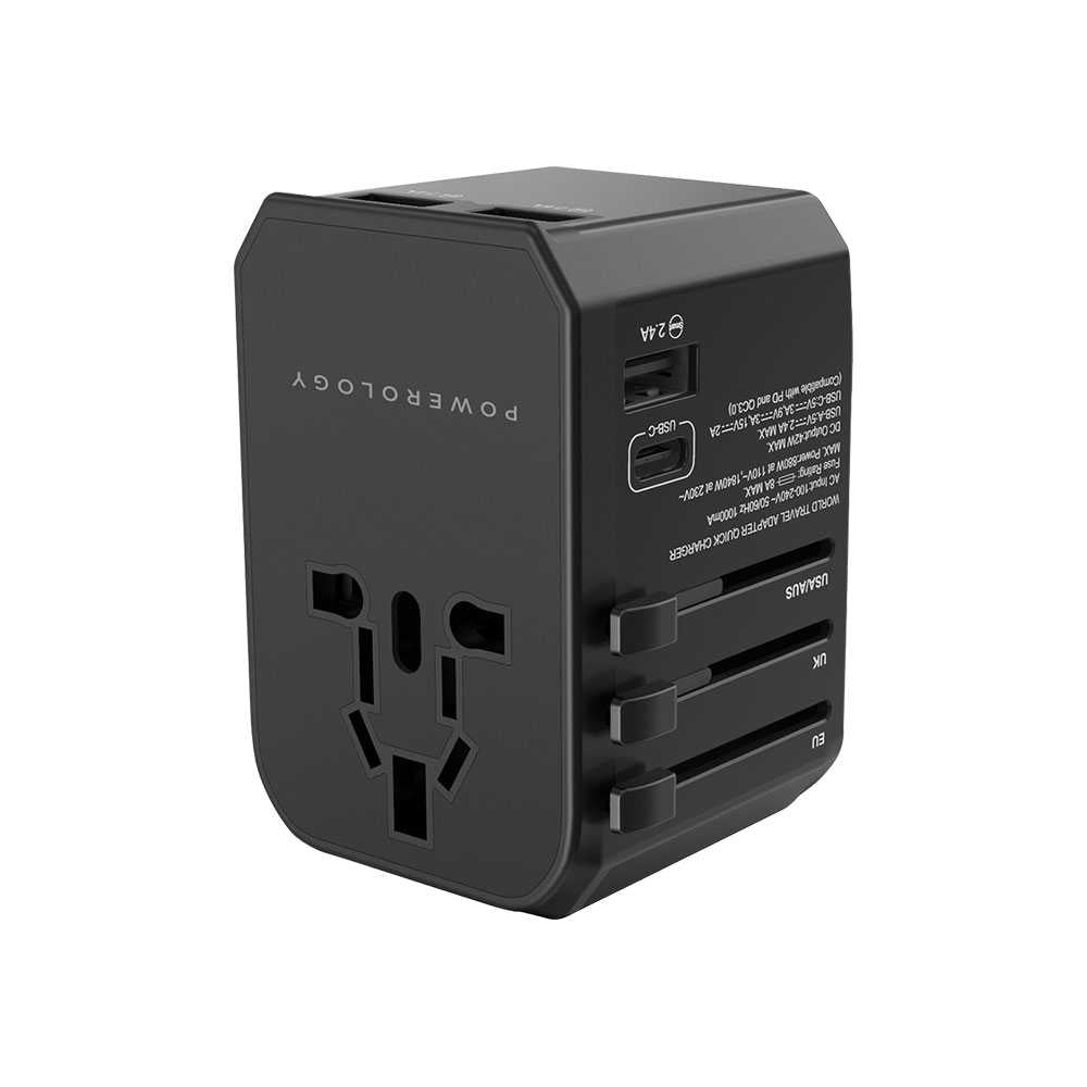 Powerology PD 45W Fast Charge + 2A USB Dual Output Universal Travel Adapter With 3 USB Ports - Black