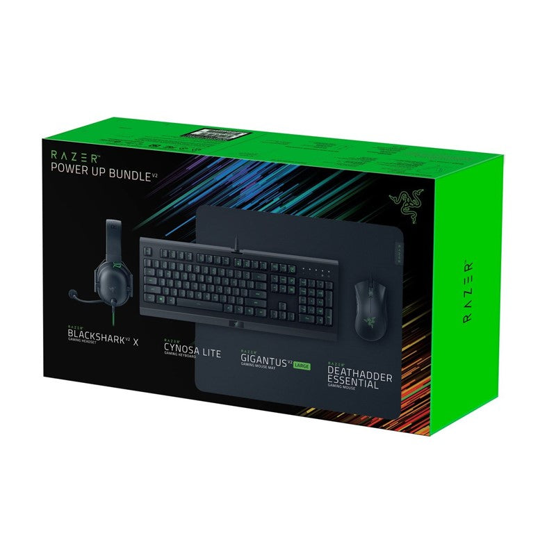 Razer Power Up Bundle V2, BlackShark V2 X Gaming Headset, Cynosa Lite Gaming Keyboard, Gigantus V2 Large Gaming Mouse Mat, Deathadder Essential Gaming Mouse - Black