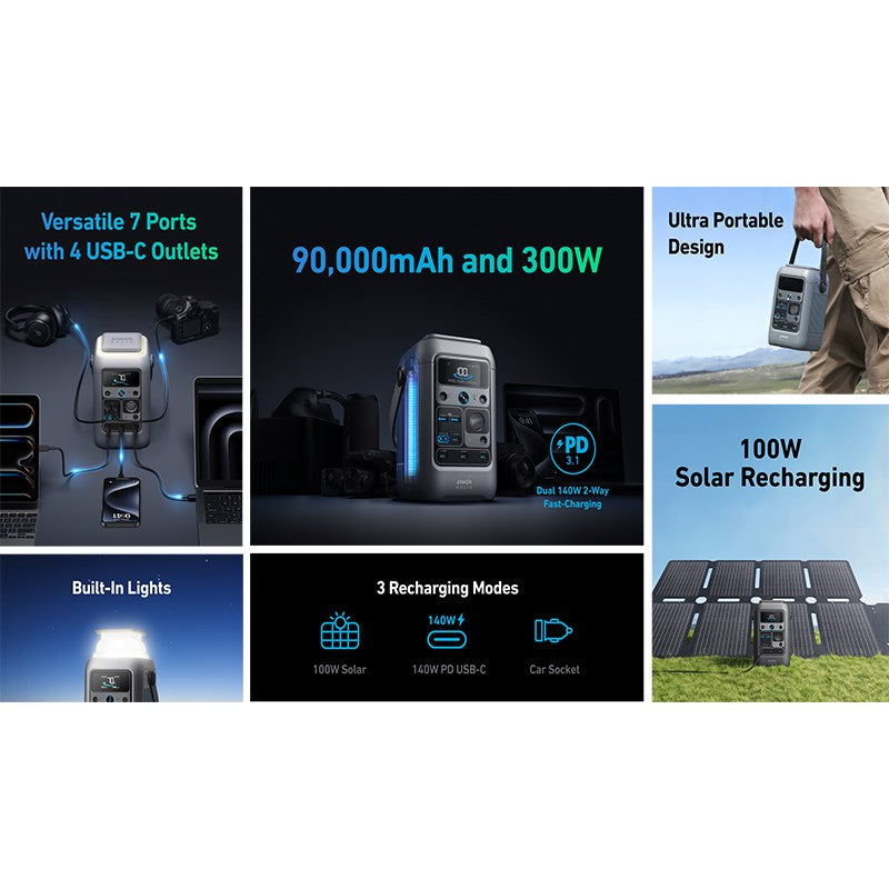 Anker Solix C300 DC Power Bank Power Station, 288 Wh (90,000 mAh) Battery for Multiple Devices, LiFePO4 Battery, 300 W Solar Generator, for Camping, Outdoors, Travel, Emergencies