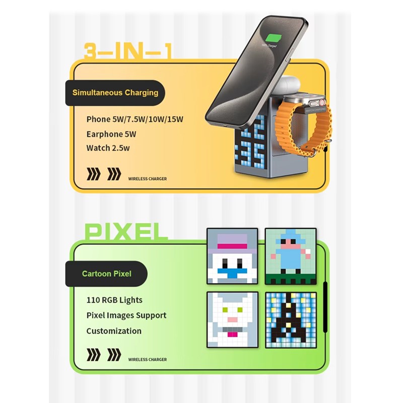 6 In 1 Pixel Display Wireless Charging Stand, Station For Multiple Dev