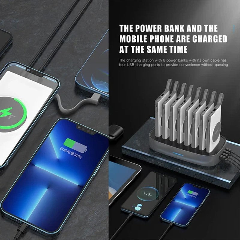 WST 8 in 1 Power Bank Docking Station (8 x 10000mAh) with Built-in Cable (Lightning/Type C)