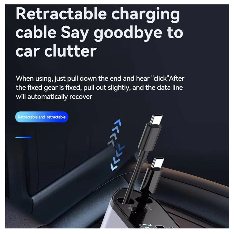 4 In 1 Retractable Car Charger With LED Display, USB & Type-C Ports - Grey