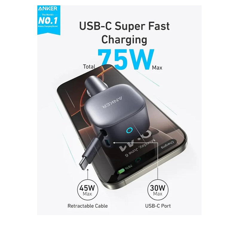 Anker Nano Car Charger (75 W, USB-C Port, Built-in Retractable USB-C Cable) - Silver