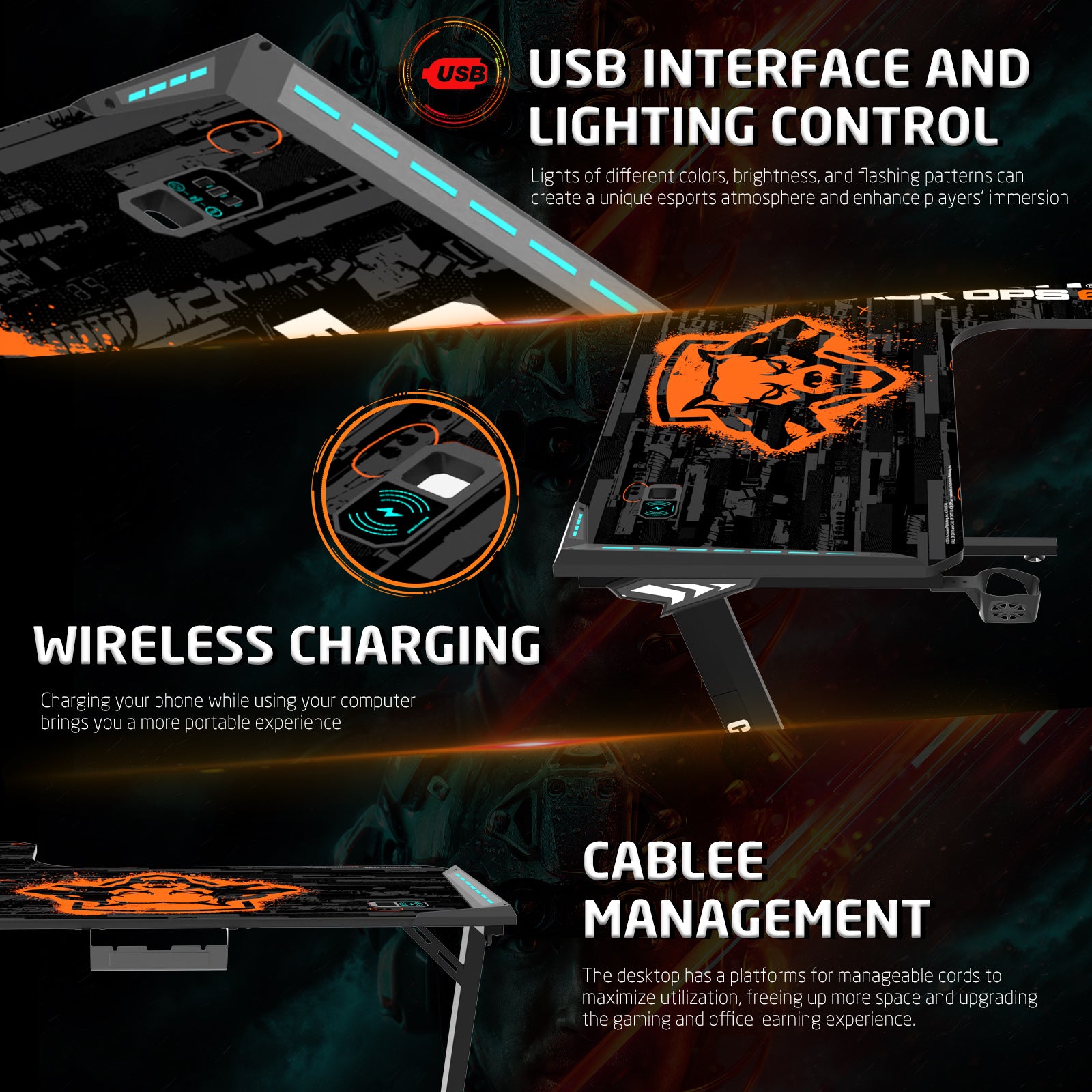 Call of Duty Flowing Light Gaming Desk With Full Table Mouse Pad, Wireless Charger, USB Splitter, Headphone Hook, Cup Holder