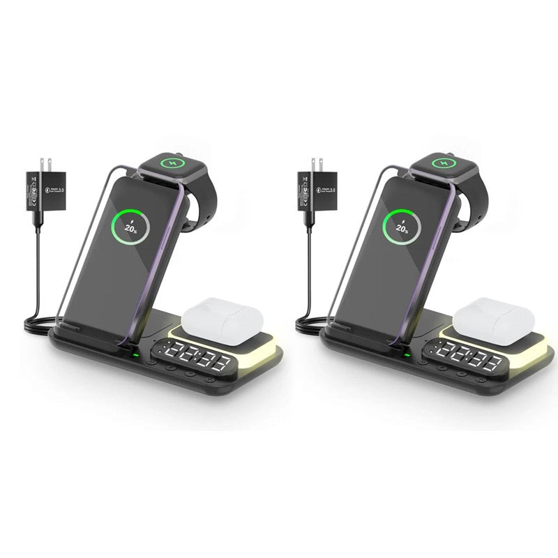 3 in 1, 15 W Wireless Charging Stand, Station For Multiple Devices with Night Light and Alarm Clock - Black, (Pack of 2)