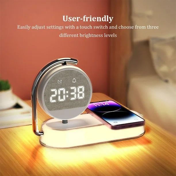 3 in 1 Night Light Alarm Clock, 3 Ways Dimmable Touch Table Lamp with 15 Wireless Charger, LED Digital Alarm Clock