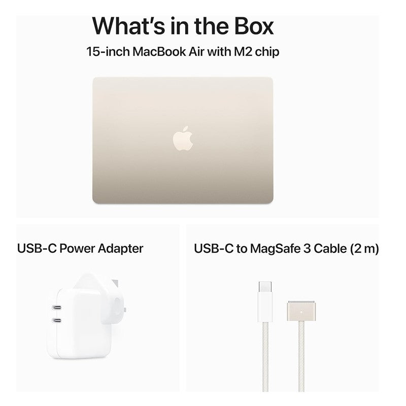 أبل , ماك بوك اير ام تو , شاشه مقاس 15 بوصه Retina, معالج(Apple M2), رام 8 جيجا , سعه 256 جيجا اس اس دى ,8-core CPU, 10-core GPU, لوحه ماتيح انجليزيه ,تاتش