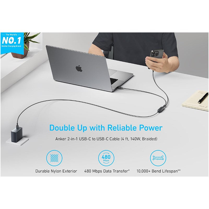 Anker 2-in-1 USB-C to USB-C Cable 140 W (1.2 M/4 ft) - Black