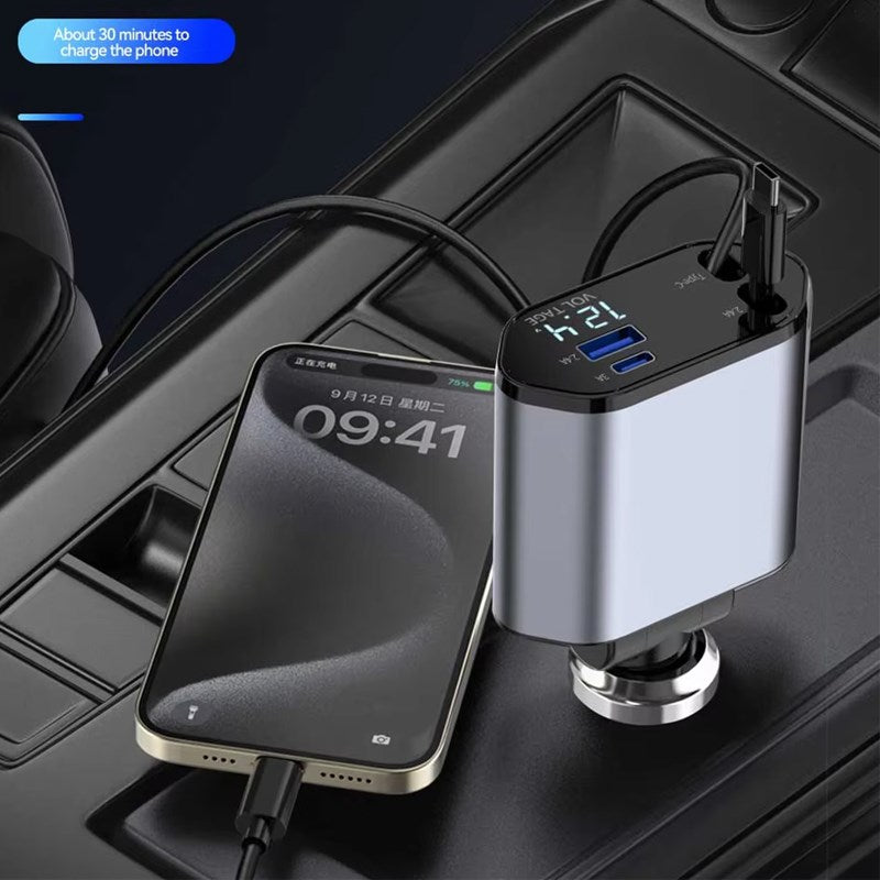 4 In 1 Retractable Car Charger With LED Display, USB & Type-C Ports - Grey